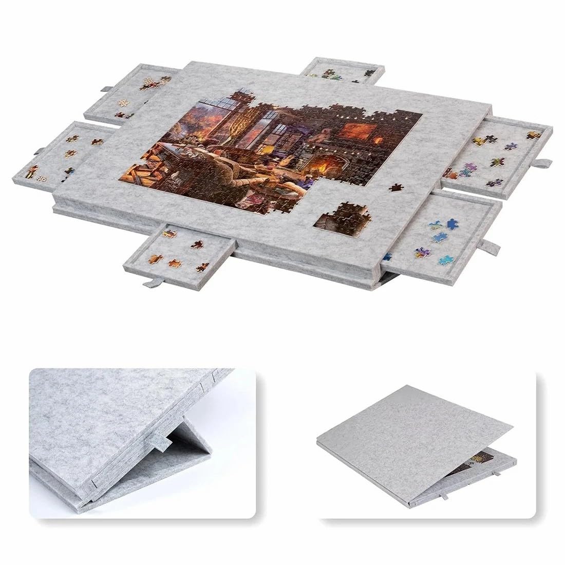 1000 Piece Jigsaw Puzzle Board with 6 Drawers & Cover, Foldable Jigsaw Puzzle Table with 3 Tilting Angle, Portable & Lightweight Game Table with Storage & Built-in Easel/Stand for Adults (Light Grey)