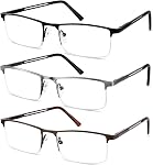 3 Pack Blue Light Blocking Reading Glasses for Men, Computer Readers Rectangle Semi Rimless, Anti Eyestrain/Glare/UV, Half Frame Spring Hinge Eyeglasses Half Rim (1.5 Magnification)