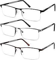 JJWELL 3-Pack Men's Blue Light Blocking Reading Glasses - Lightweight Semi-Rimless Metal Frame, Anti-Eyestrain, UV Protection, Spring Hinge + Pouches