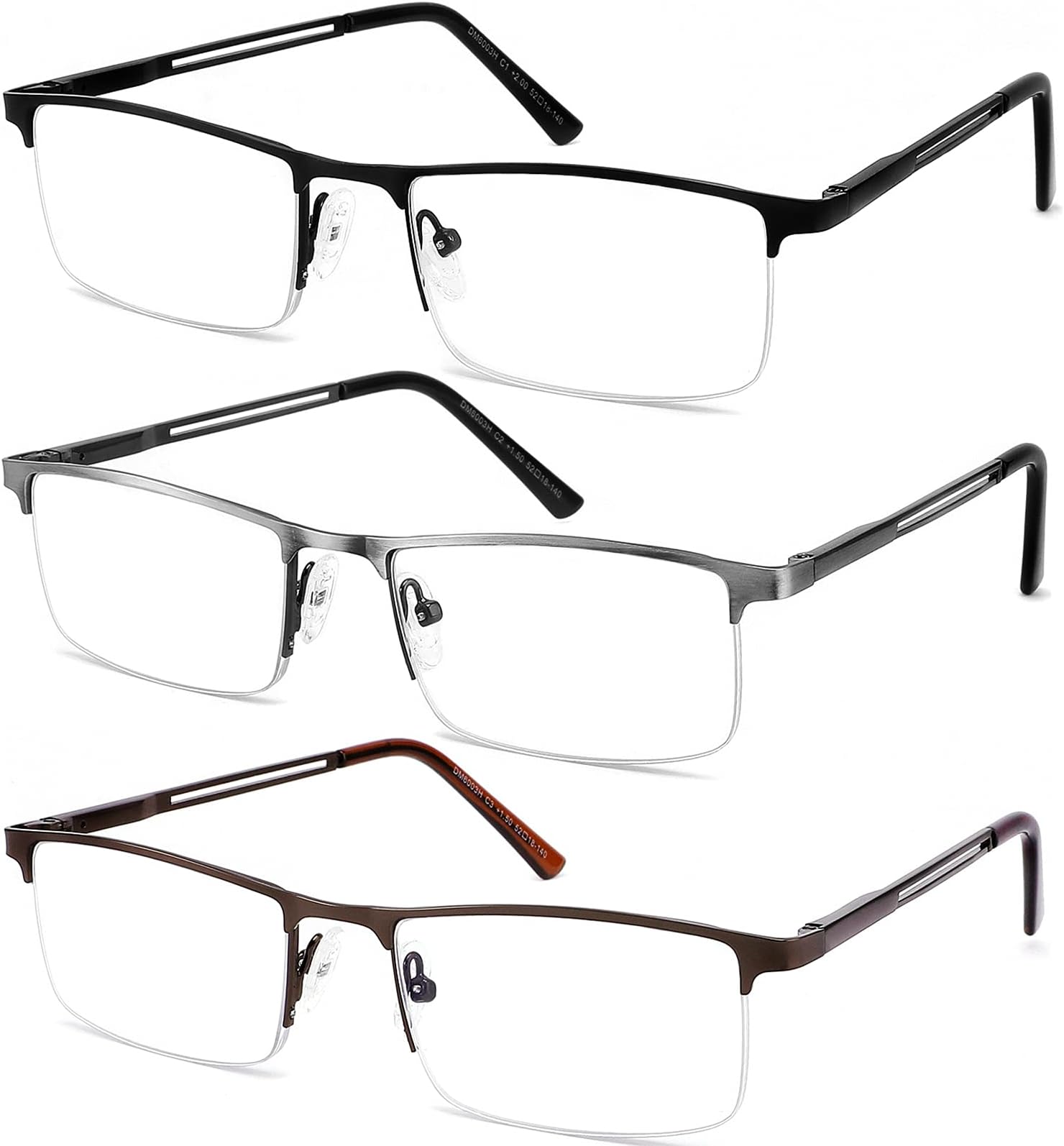JJWELL 3 Pack Reading Glasses for Men Blue Light Blocking, Lightweight Metal Rectangle Semi Rimless Readers for Men, Anti Eyestrain/UV, Half Frame Spring Hinge Eyeglasses with Pouches 225