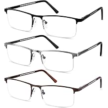 Pack of 3 Men's Reading Glasses with Blue Light Filter Blue Light Men's Reading Glasses Rectangular Half Metal Reading Glasses Reading Aid Anti-Eye Strain UV Anti-Blue Light Glasses with Prescription 1.5