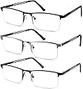 JJWELL JJWELL 3 Pack Reading Glasses for Men Blue Light Blocking, Lightweight Metal Rectangle Semi Rimless Readers for Men, Anti Eyestrain/UV, Half Frame Spring Hinge Eyeglasses with Pouches 150