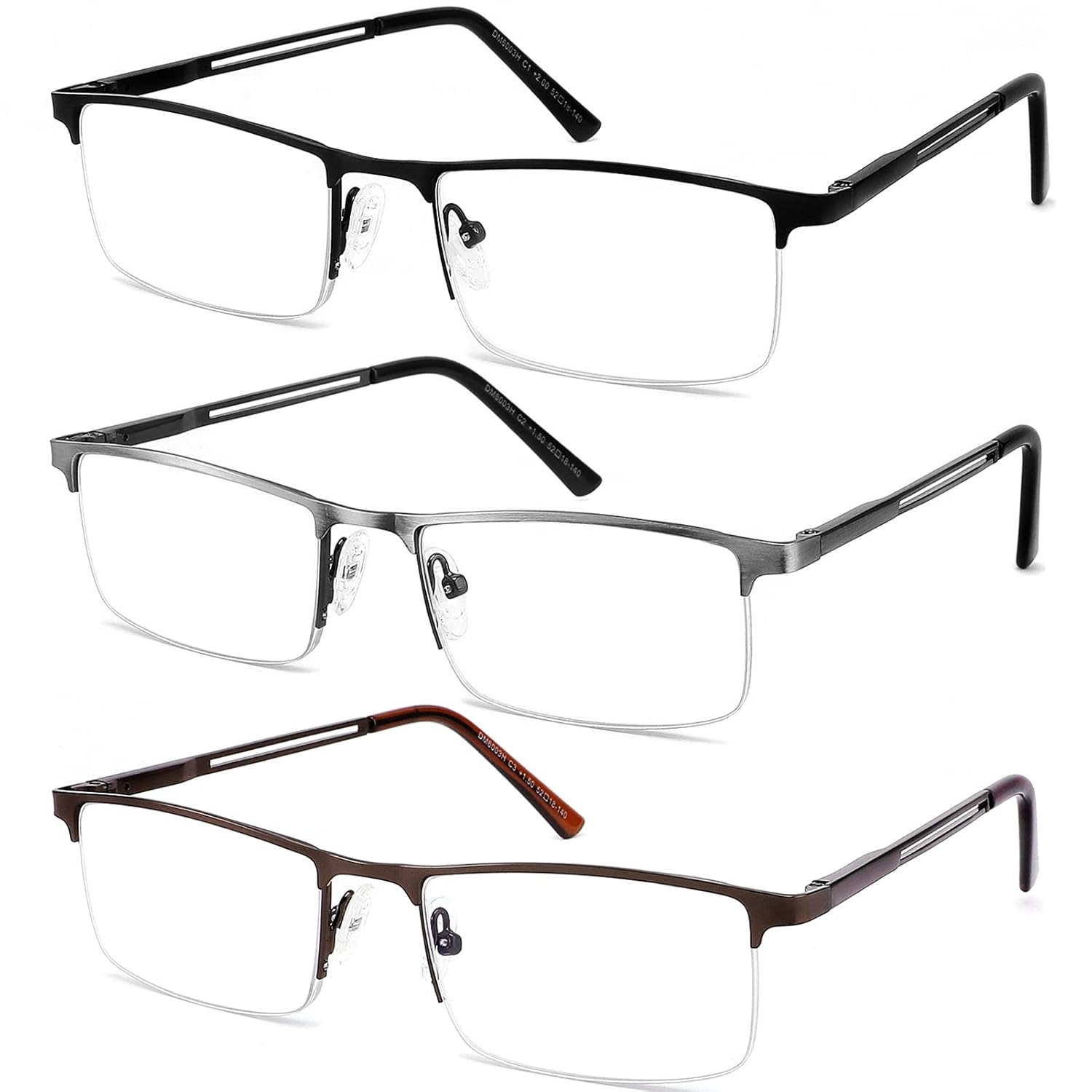 JJWELL 3 Pack Blue Light Reading Glasses for Men Lightweight Metal Rectangle Semi Rimless Readers for Men Anti