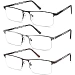 JJWELL 3 Pack Blue Light Reading Glasses for Men, Lightweight Metal Rectangle Semi Rimless Readers for Men, Anti Eyestrain/Computer Glare/UV, Half Frame Spring Hinge Eyeglasses with Pouches(4.00)