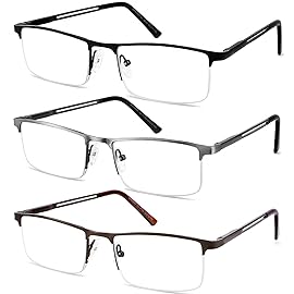 JJWELL 3 Pack Blue Light Reading Glasses for Men, Lightweight Metal Rectangle Semi Rimless Readers for Men, Anti Eyestrain/Computer Glare/UV, Half Frame Spring Hinge Eyeglasses with Pouches