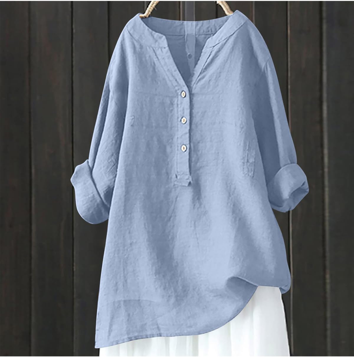 Women Linen Button Down Shirts Casual V Neck Long Sleeve Pullover Tunic Tops 2024 Summer Spring Vacation Plus Size