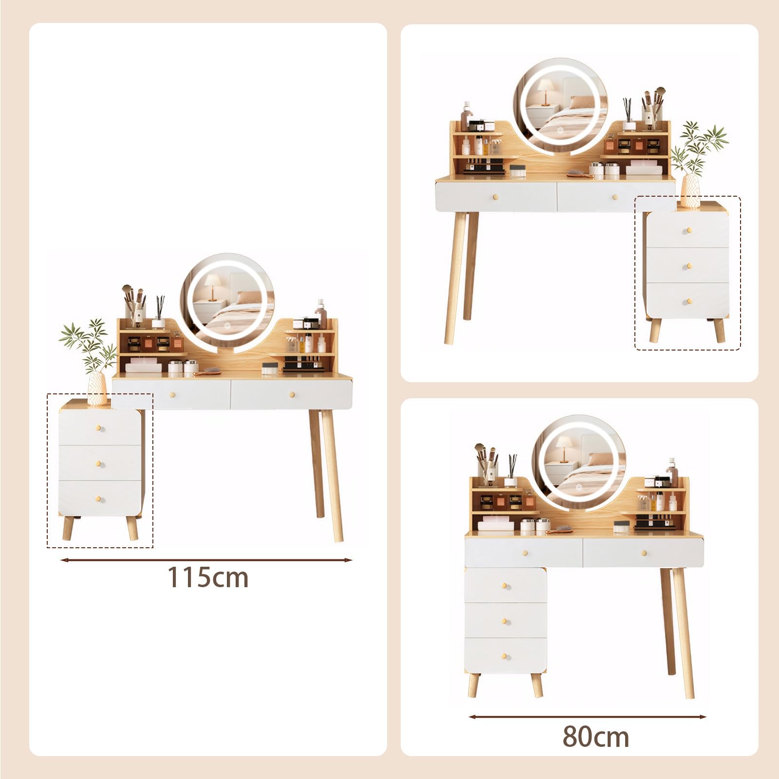 Coiffeuse avec Miroir LED, 3 Couleurs, Table de Maquillage avec 5 Tiroirs et 3 Étagères, Meuble Chambre avec Rangement, Bois et Blanc, Style Moderne, 80 cm - 100 cm Longueur, Blanc et Bois