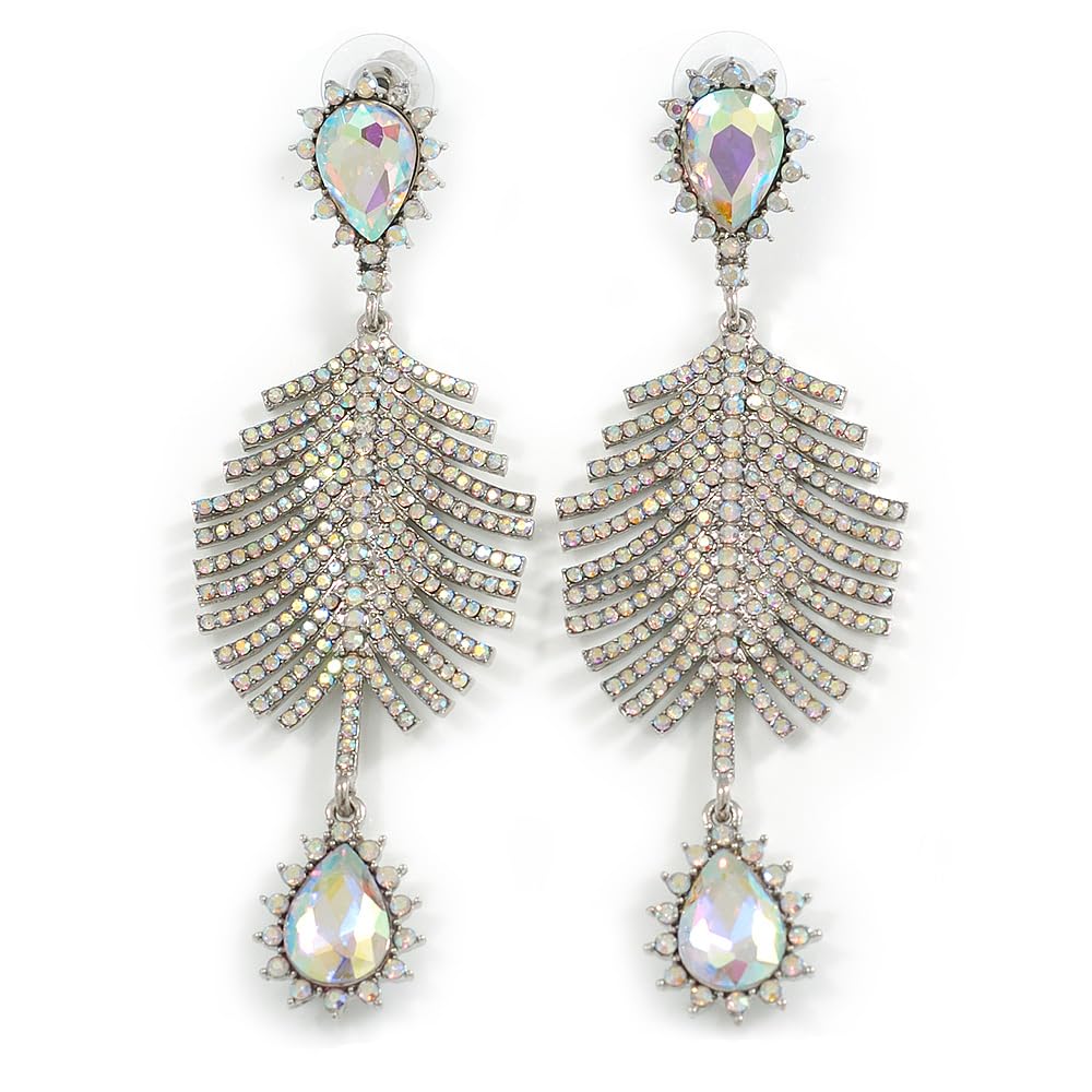 Breathtaking AB Crystal Drop Earrings in Silver Tone - 95mm Long