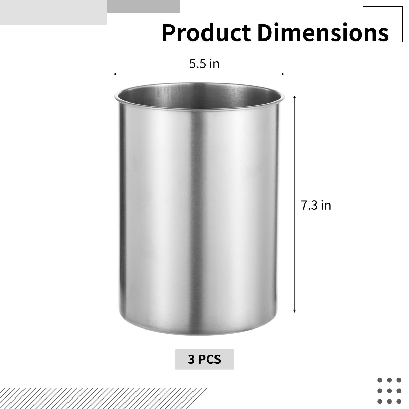 Lot de 3 porte-ustensiles de cuisine cylindriques en acier inoxydable, passent au lave-vaisselle pour café, restaurant et boulangerie 14 x 18,5 cm