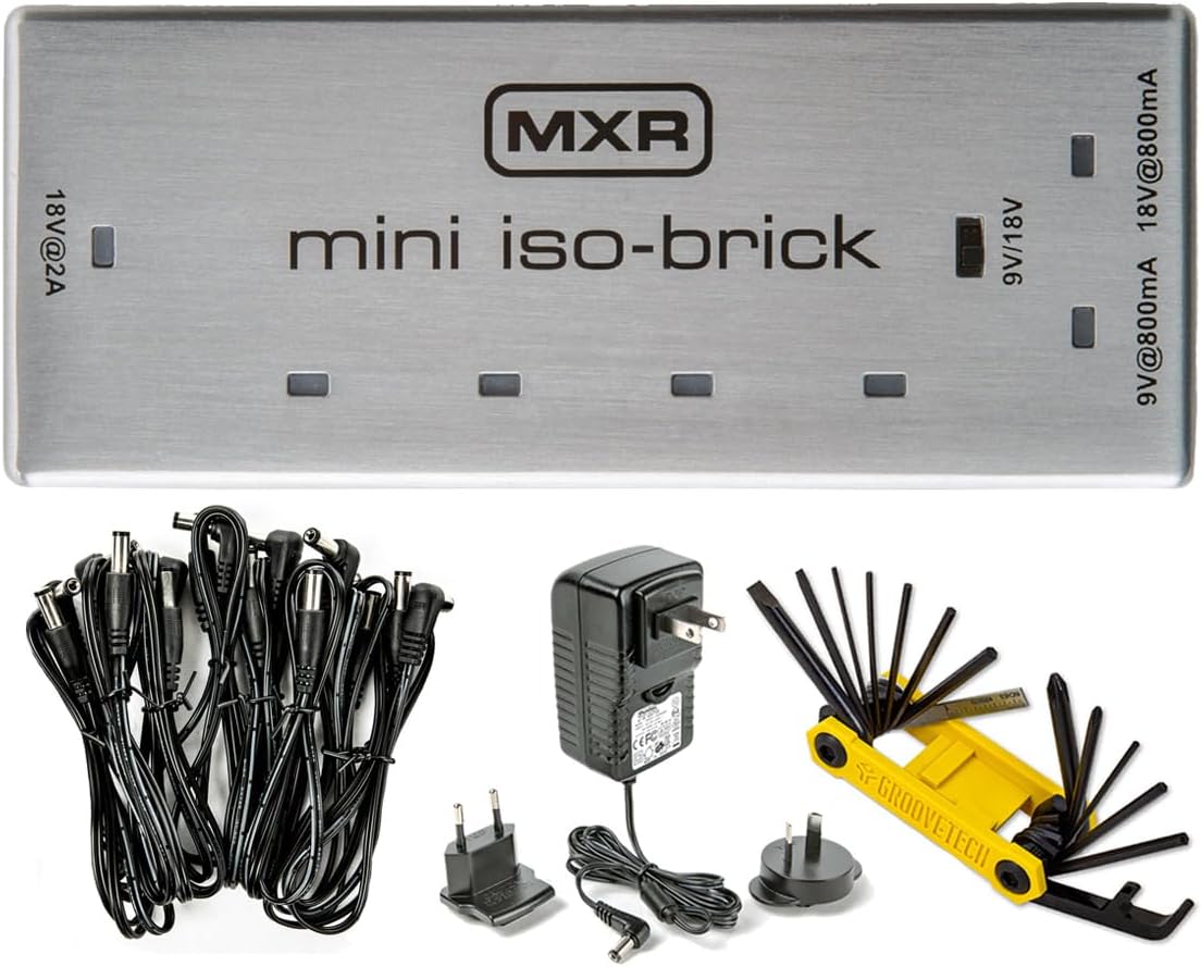MXR M239 Mini Iso-Brick 9v,18v Effects Pedal Power Supply with Tonebird Bundle Including Dunlop ECB004 18-volt Adapter, Groovetech Guitar and Bass Multi-Tool