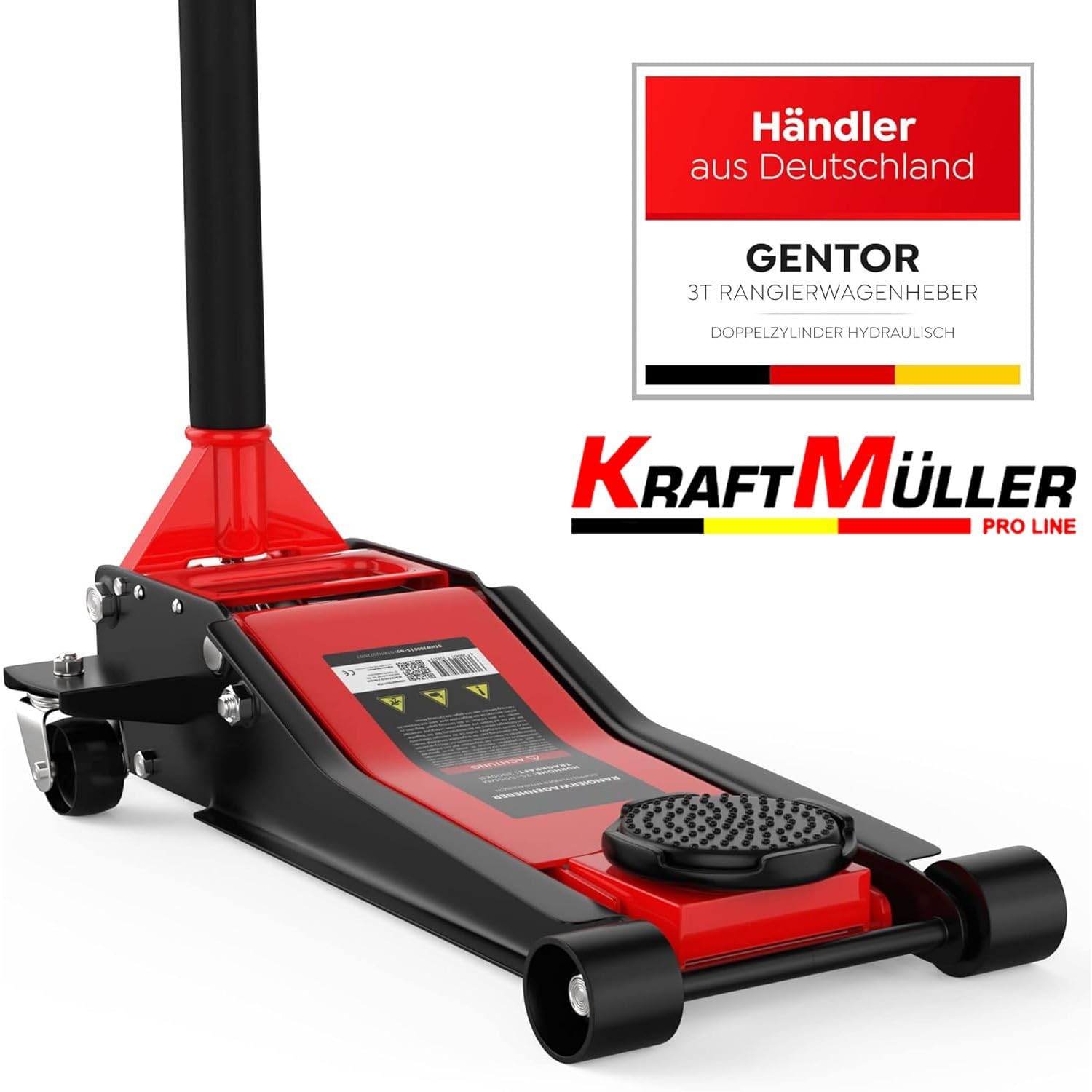 Cric hydraulique Kraft Müller professionnel 3 Tonnes, Haut. de levage 46cm, Levée rapide Système à double-pompe, Rouge