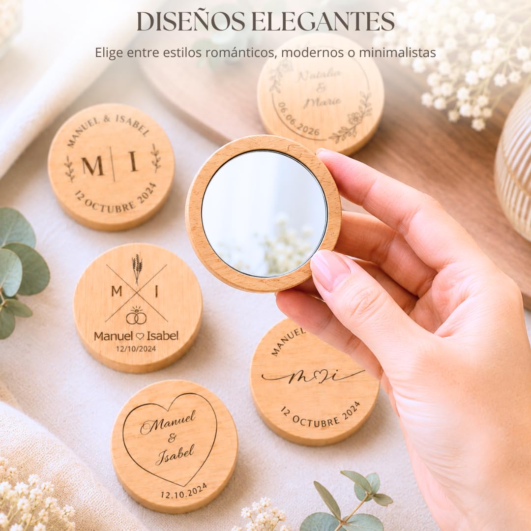 Amaisso® Espejo de Madera Personalizado para Boda con Grabado Pack 10 | Detalle para Invitados de Boda, Comunión y Bautizo | Regalo Personalizado con Nombres, Fecha y Diseño Elegante