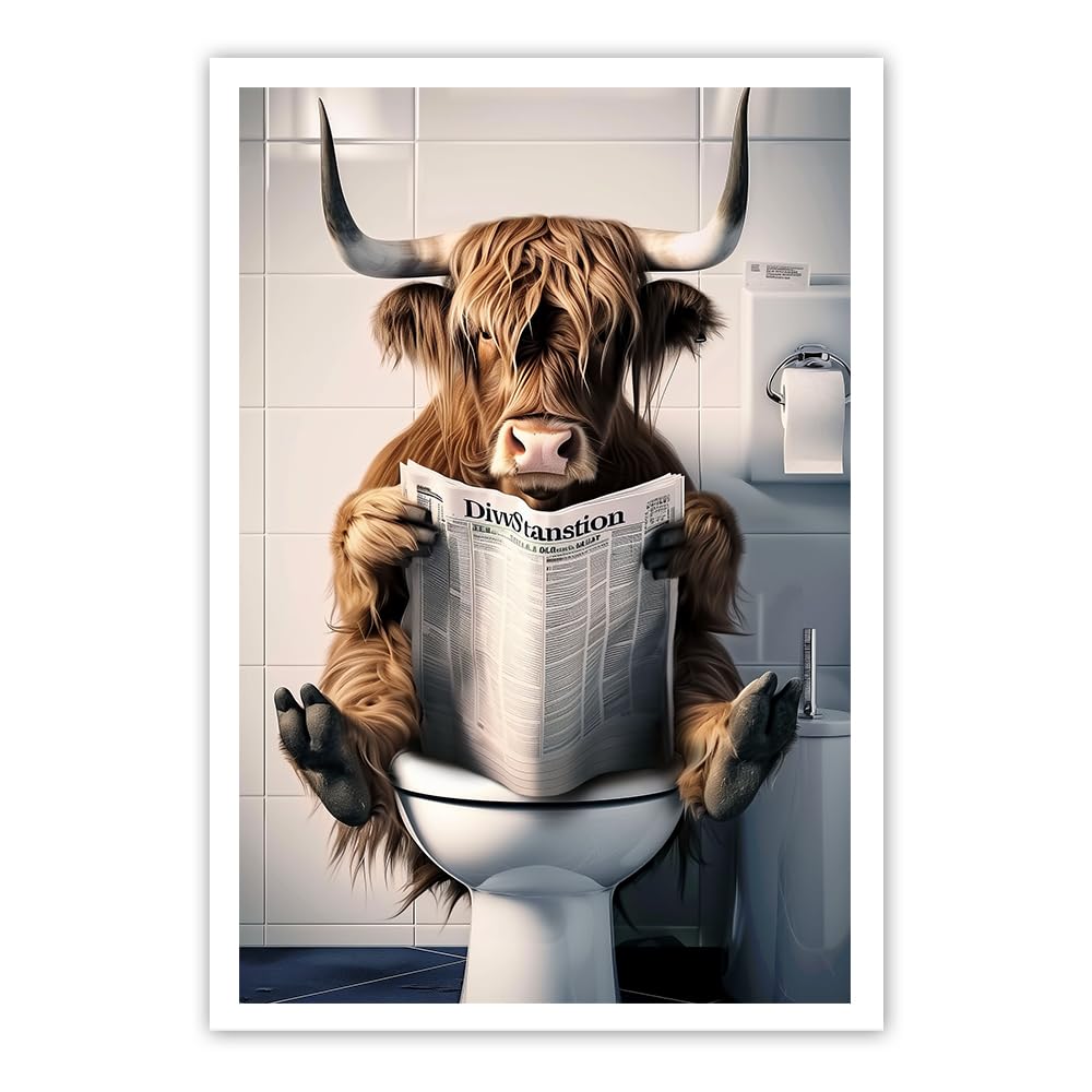CXHOSTENT Highland Cow Bathroom Wall Art Bathroom Animal Decor Funny Highland Cow Canvas Print Toilet Restroom Decor Unframed (105L x 70W cm)