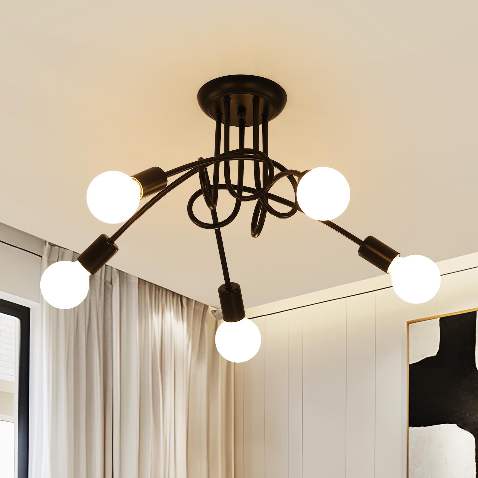 Comely Industrial Sputnik Ceiling Light, Modern 5-Light E27 Metal Chandelier