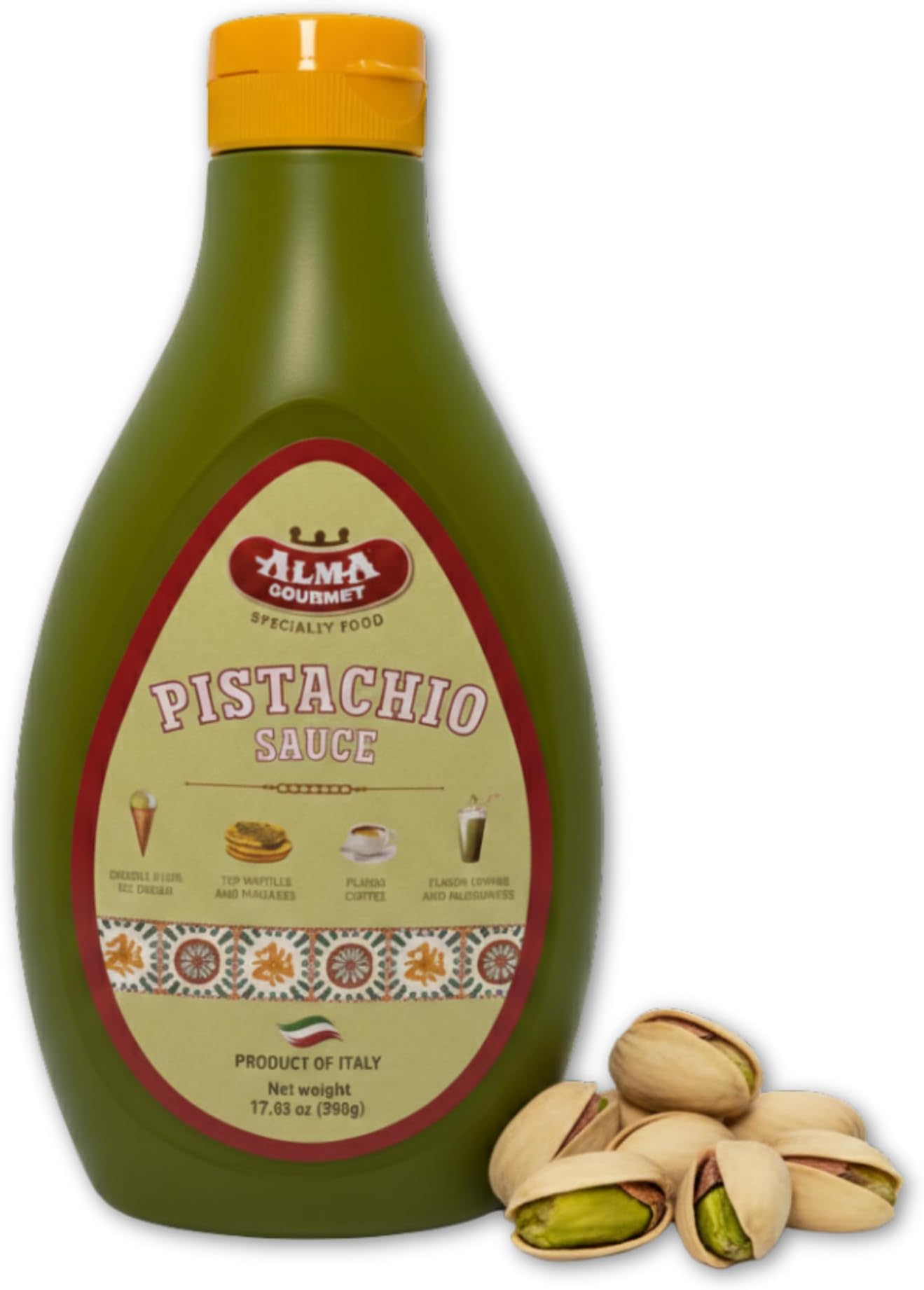 Alma Gourmet Sicilian Pistachio Sauce 17.6oz (500g) โ Italian Pistachio Cream Dessert & Coffee Drizzle Topping for Ice Cream, Gelato, Waffles, Pancakes, Crepes, Cakes & Lattes | Made in Italy