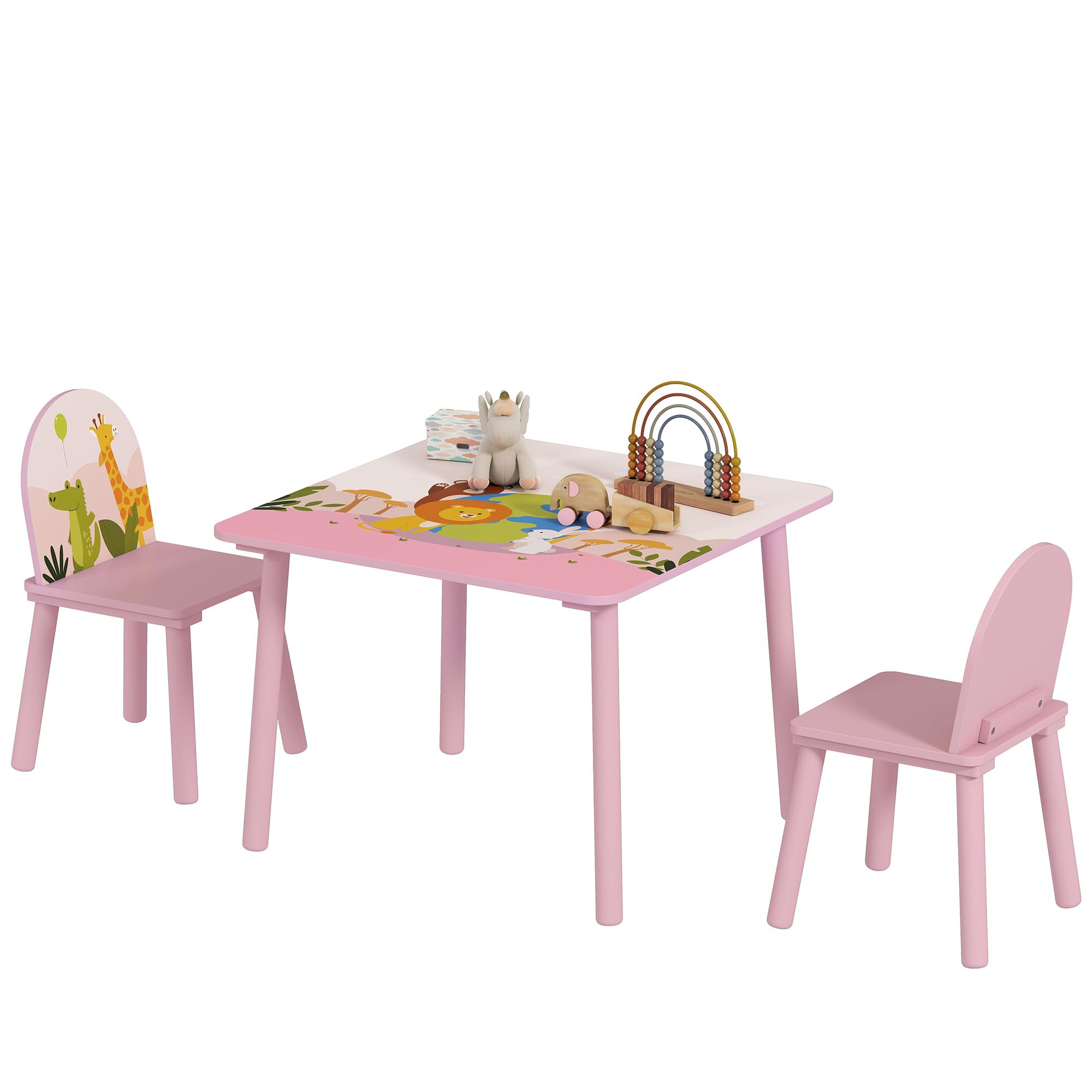 AIYAPLAY Set Tavolo e Sedie per Bambini 3-8 Anni Motivi Animali Rosa | Bordi Arrotondati, Sedie e Tavolino per Bambini, in MDF e Legno di Pino