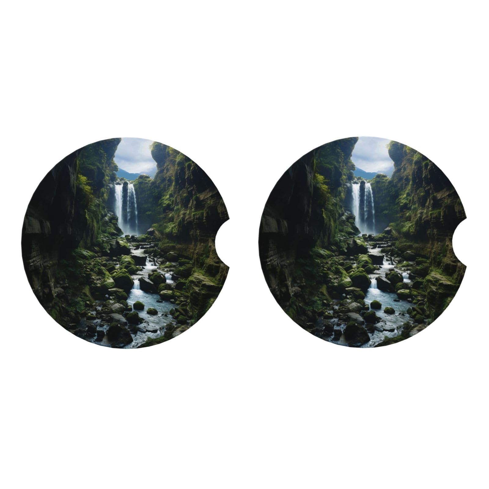 Ceramic Coasters for Drinks White Drink Coasters with Metal Holder Waterfall cliff Ceramic Coaster Set of 2 Tabletop Protection Mat for Home Decor