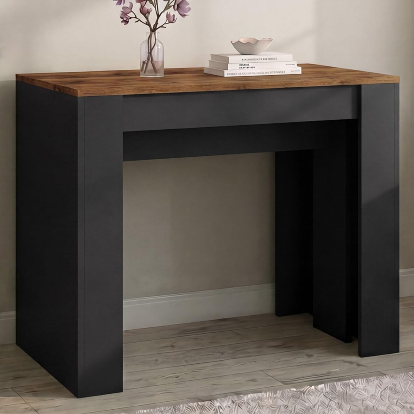 IDMarket - Ausziehbarer Konsolentisch Orlando 10 Personen 235 cm Holz Effekt gealtert und schwarz