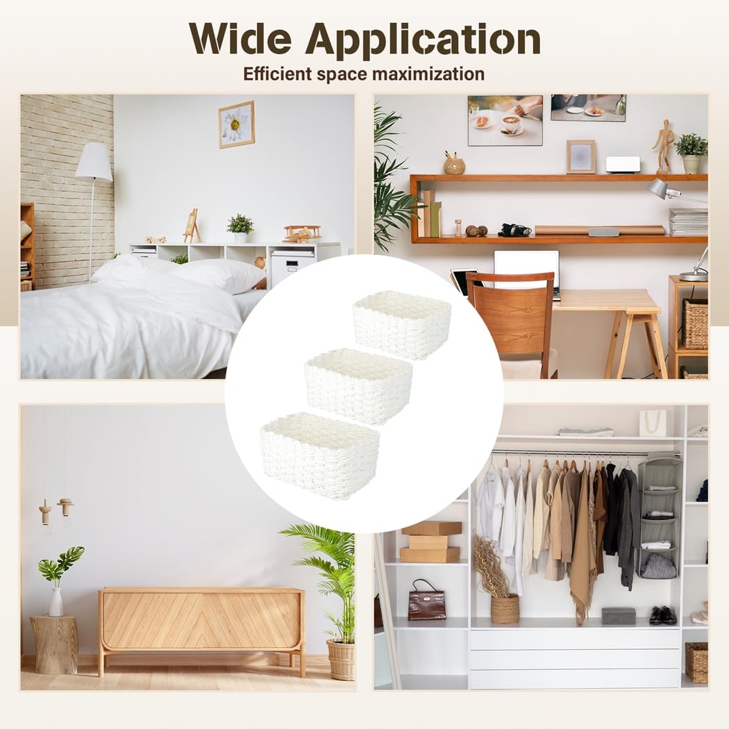 3 cestas tejidas de cuerda de papel blanco, organizador apilable para el hogar con forma rectangular