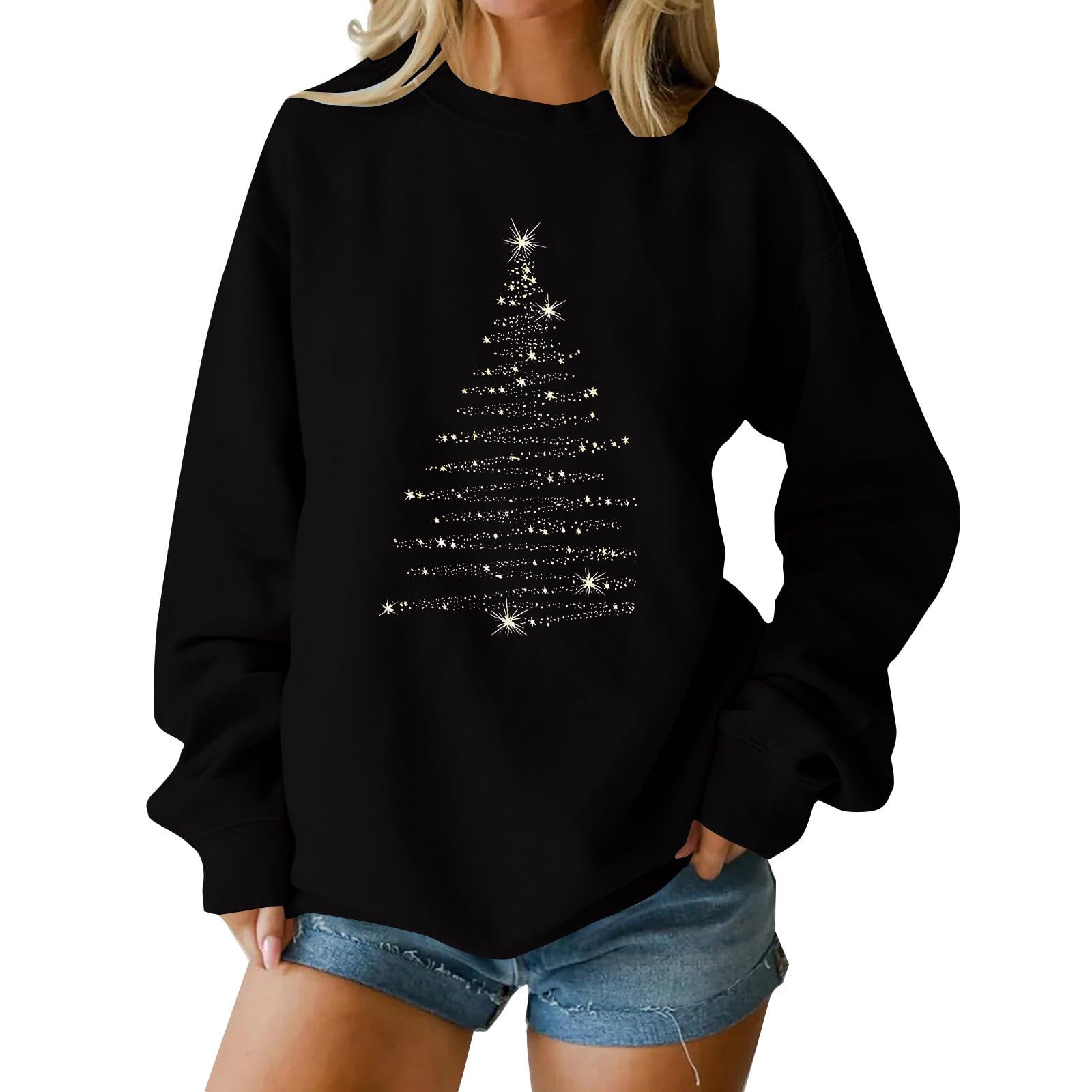 Womens Christmas Shirts Vintage Christmas Tree Graphic Pullovers Holiday Sparkly Print Shirt Cute Merry Sweatshirt
