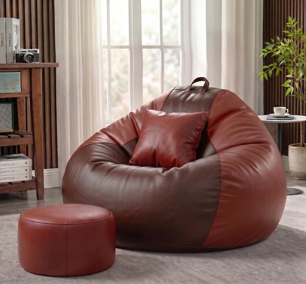 Sattva Classic 6XL Sofa Style Bean Bag Chair with Beans Filled | Faux Leather Bin Bags Sofa Set with Footstool & Cushion | Comfortable Beam Bag & Beanbags for Adults, Home & Office – Brown & Tan-image-21