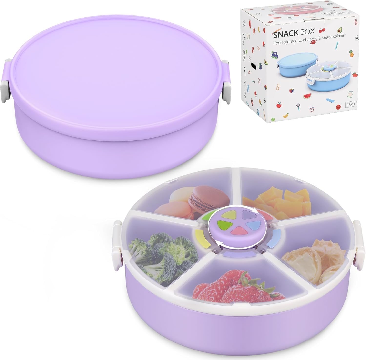 JOOPETALK Kids' Rotating Snack Container Set – 2-Pack, Includes 1 Rotating Snack Container & 1 Round Sectioned Snack Box, BPA-Free, Dishwasher Safe, Perfect for Travel-Purple