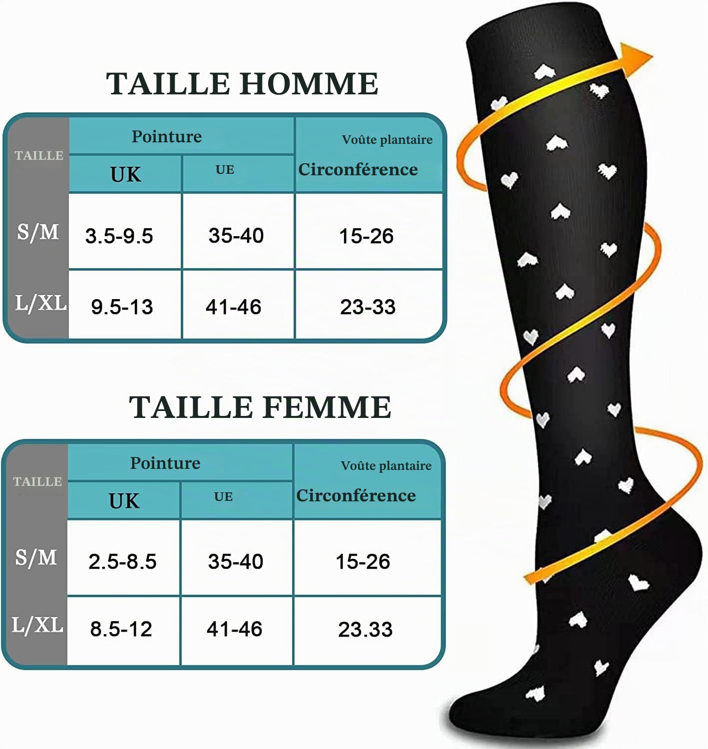 8 Paires Bas de Contention Femme Homme Chaussettes de Compression (15-20 mmHg) Chaussettes de Contention pour sport Vols Voyages Infirmiere course cyclisme