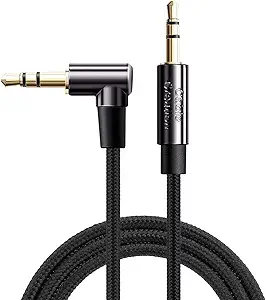 CableCreation Audio Cable, 10FT 3.5mm Right Angle Male to Male Auxiliary Stereo HiFi Cable with Silver-Plating Copper Core Compatible with Car,iPhones,Tablets,24K Gold Plated, Black