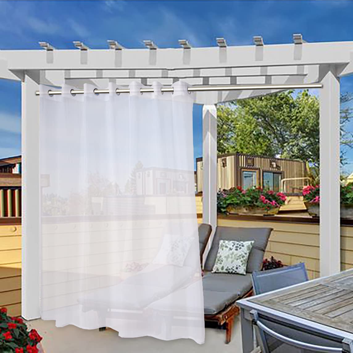 FLOWEROOM Sheer Outdoor Curtains for Patio Waterproof, White, 100 x 84 Inches Long - Indoor Extra Wide Privacy Voile Drapes, Grommet Semi-Sheer Curtains for Bedroom, Pergola, Porch and Gazebo, 1 Panel