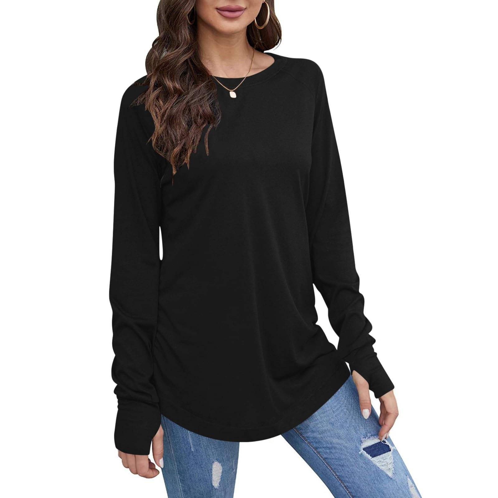 Long Sleeve Shirts for Women Thumb Hole T Shirts Crew Neck Curved Hem Loose Casual Tunic Tops to Wear with Leggings
