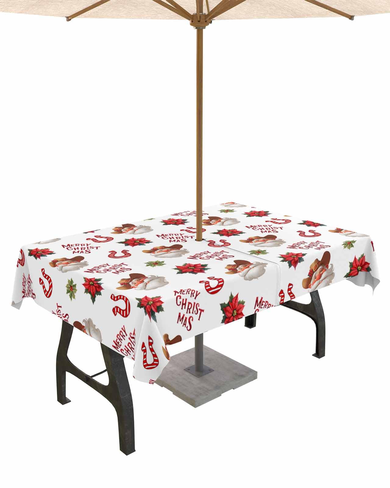 Outdoor Tablecloth with Umbrella Hole&Zipper-Rectangle 60x84in Tablecloths,Merry Christmas Santa Claus Cowboy Waterproof Table Cloth Table Cover for Patio Garden Tables Flower Horseshoe on White