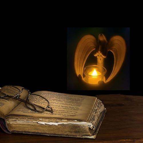 Miniatura 6 de Carefree Fish Estatua de ala de ángel con cruz orante, piedra arenisca del desierto, pérdida de oración, regalo de luz de té conmemorativa para