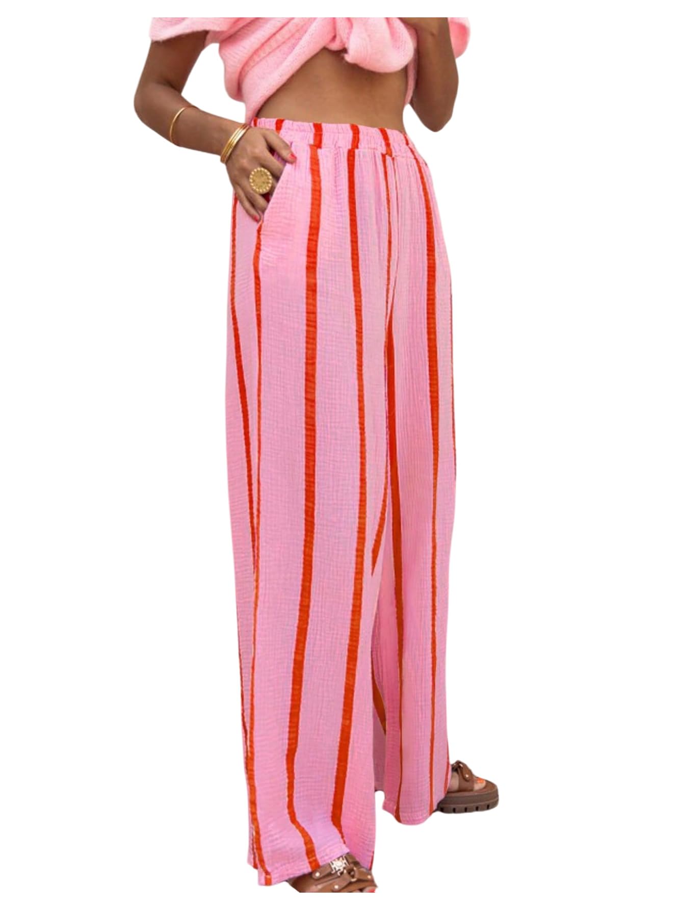 GORGLITTER Womens Plus Size Striped Baggy Pants High Waisted Lounge Pants Business Casual Work Trousers with Pockets