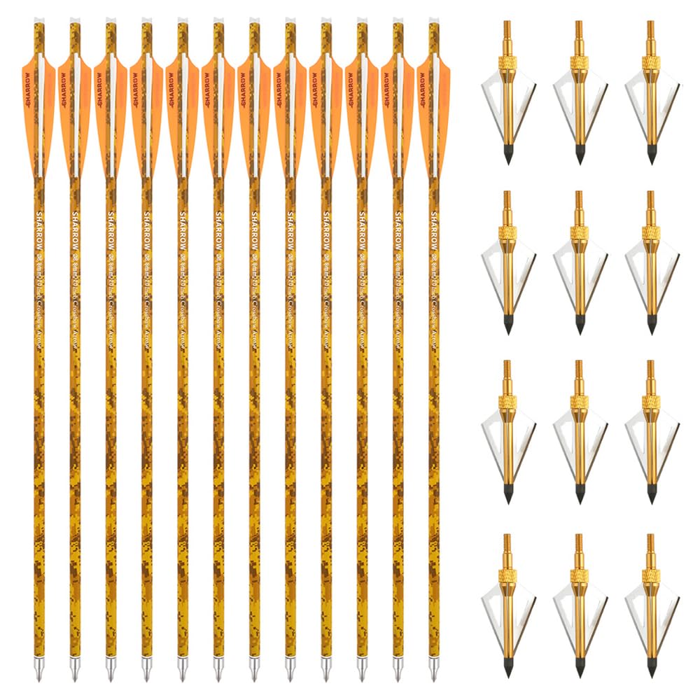 SHARROW Archery Carbon Crossbow Bolts Arrows 16 17 18 20 22 Inch Carbon Arrows Camo Shafts with 4" Feathers for Crossbow Hunting Shooting (Type 2: Orange 1, 16")