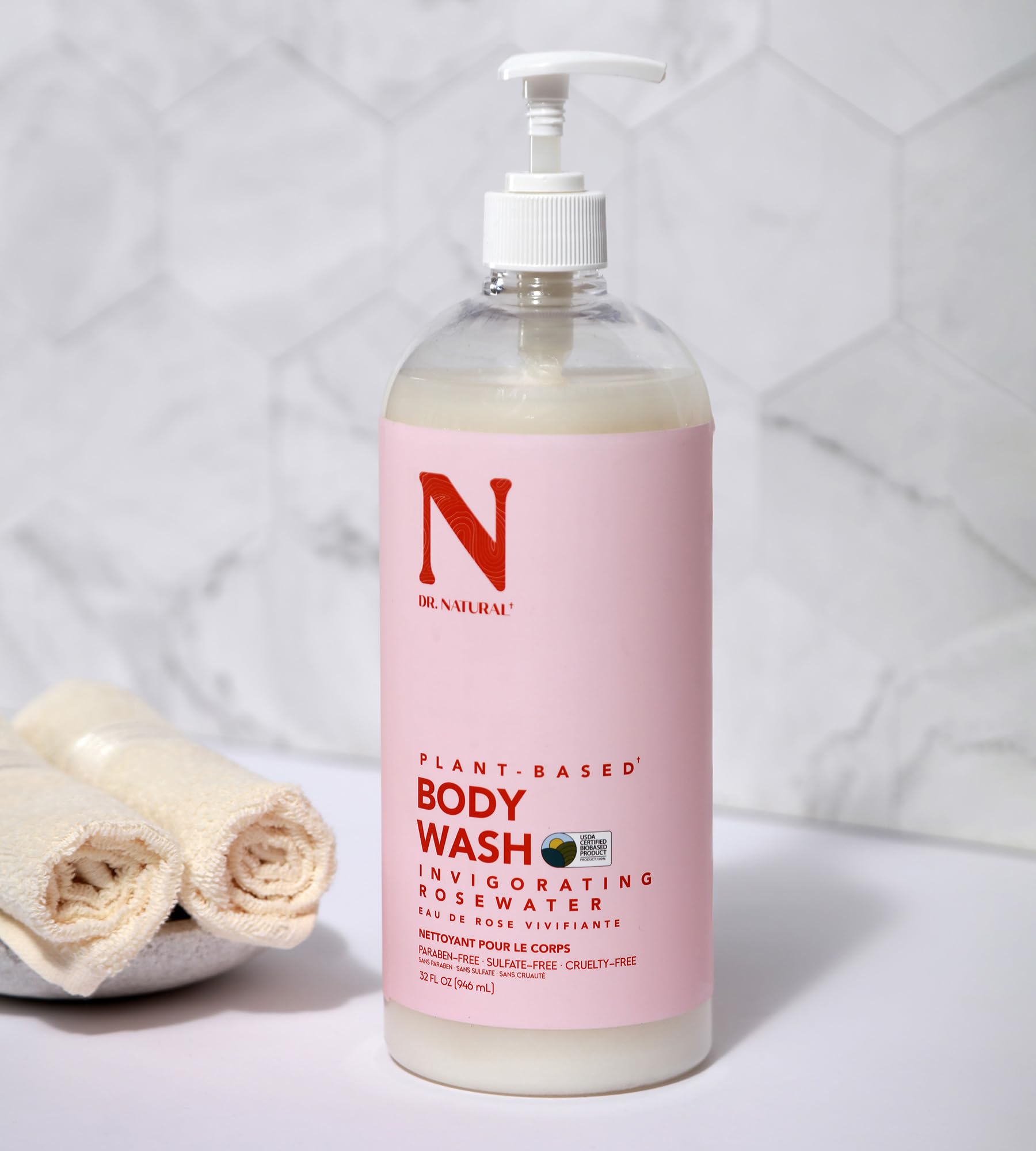 Dr. Natural Ożywczy płyn do mycia ciała z wodą różaną - nawilżający naturalny płyn do mycia ciała z masłem shea i olejem kokosowym - dla rodziny i zwierząt domowych - 946 ml