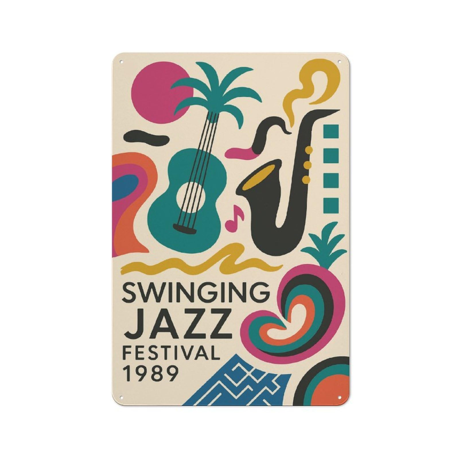 Junmoney Style Metal Wall Sign 30X20cm Featuring Swinging Jazz Festival 1989 For Pub Or Café, Housewarming Wall Decor For People Furnishing Pub And Café