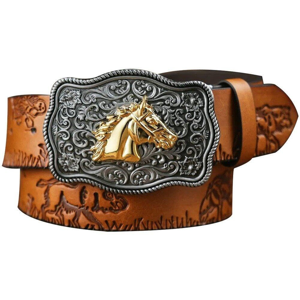 Luxylei Western Leather Buckle Belts Cowboy Horse Pattern Leather Buckle Belt Floral Engraved Buckle Belt for Men Women