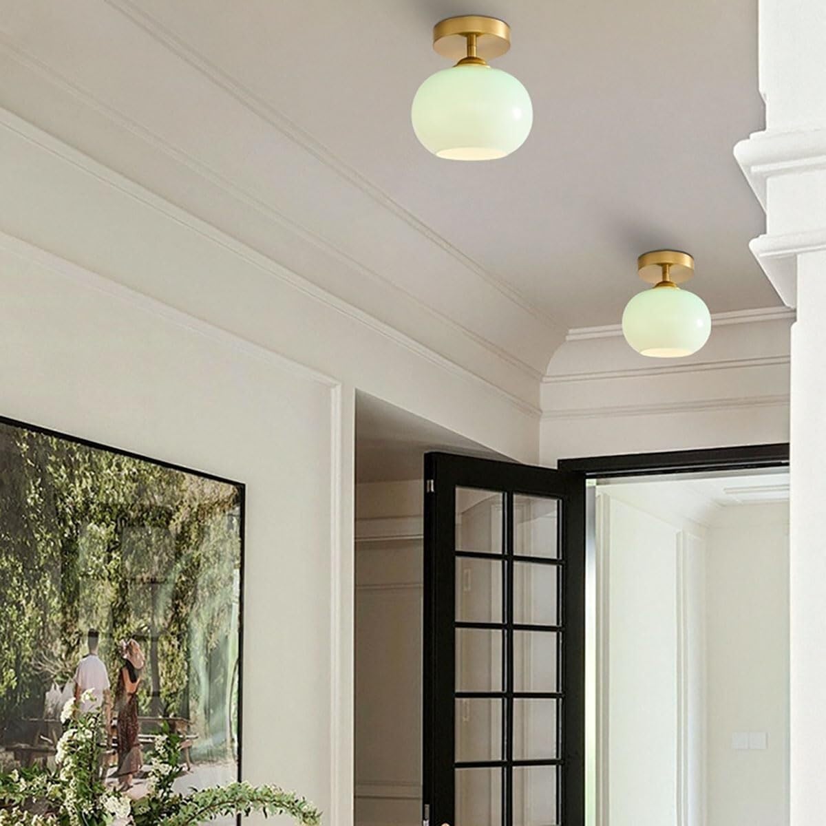 Kremowy Szklany Kula Lampy Sufitowa Pół Wpuszczana, Plafon Mały Styl Mid Century Vintage Wiejski do Korytarz Wejście Balkon Oświetlenie Sufitowe(Green)