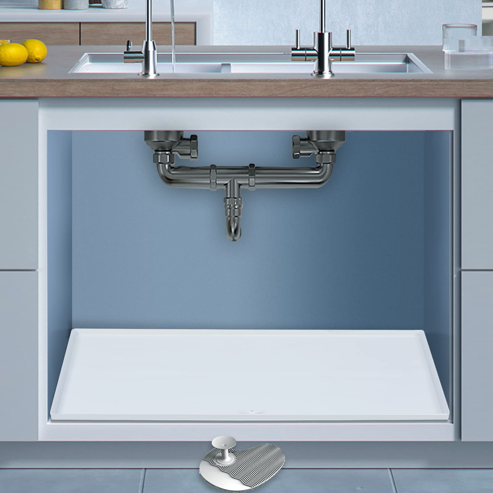 Tomekji Under Sink Mat, 34"x22" Under Sink Mats for Kitchen Waterproof, Made of Premium Silicone Perfect Sink Cabinet Protector for Water Drips, Leaks, Spills - Holds Over 2 Gallons water - White