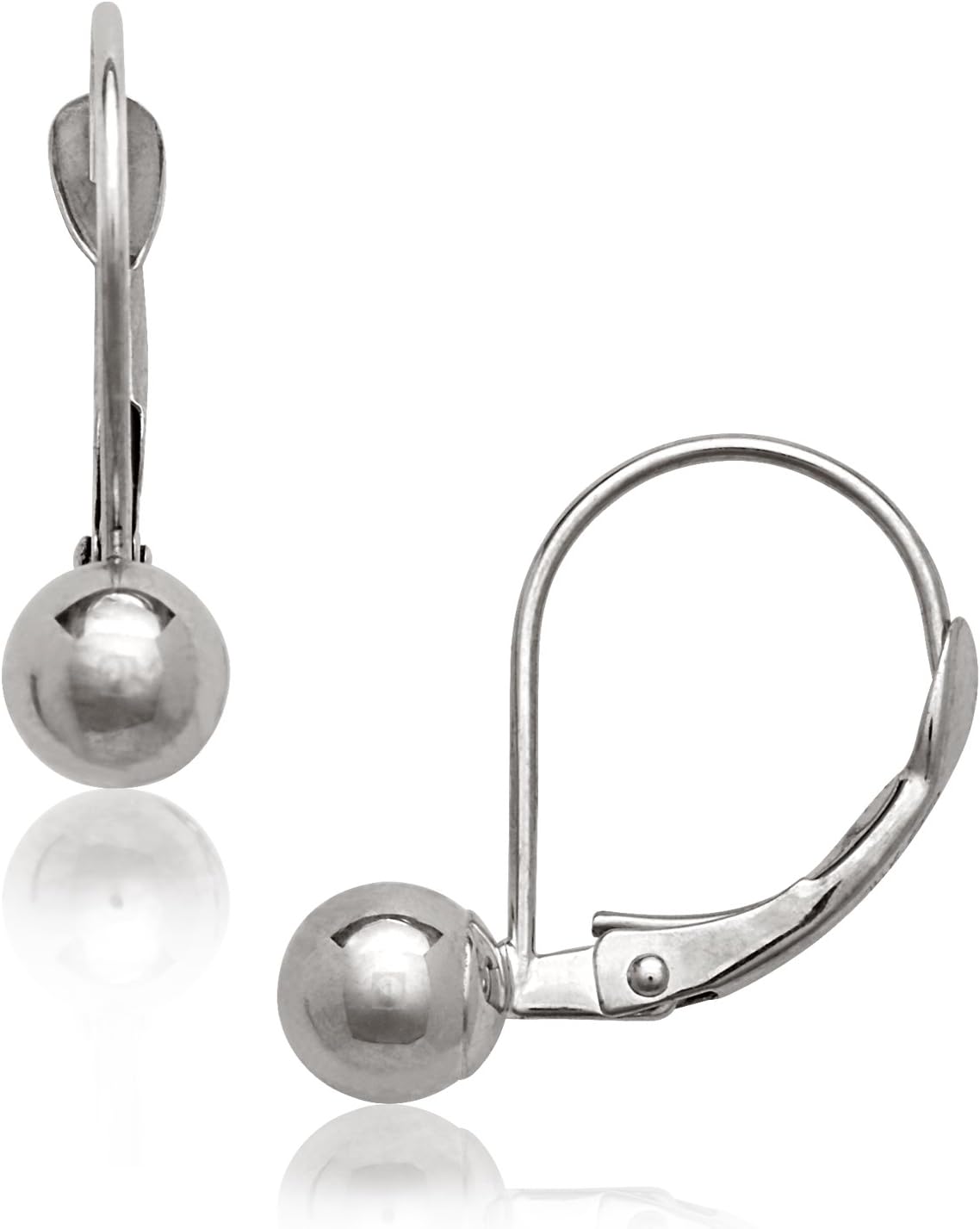 Jewelryweb - Real 14k White Gold Fixed Polished Ball Lever Back Earrings - 4mm, 5mm, 6mm, 7mm, 8mm, 9mm, 10mm - Gold Dangle Earrings for Women- Hypoallergenic