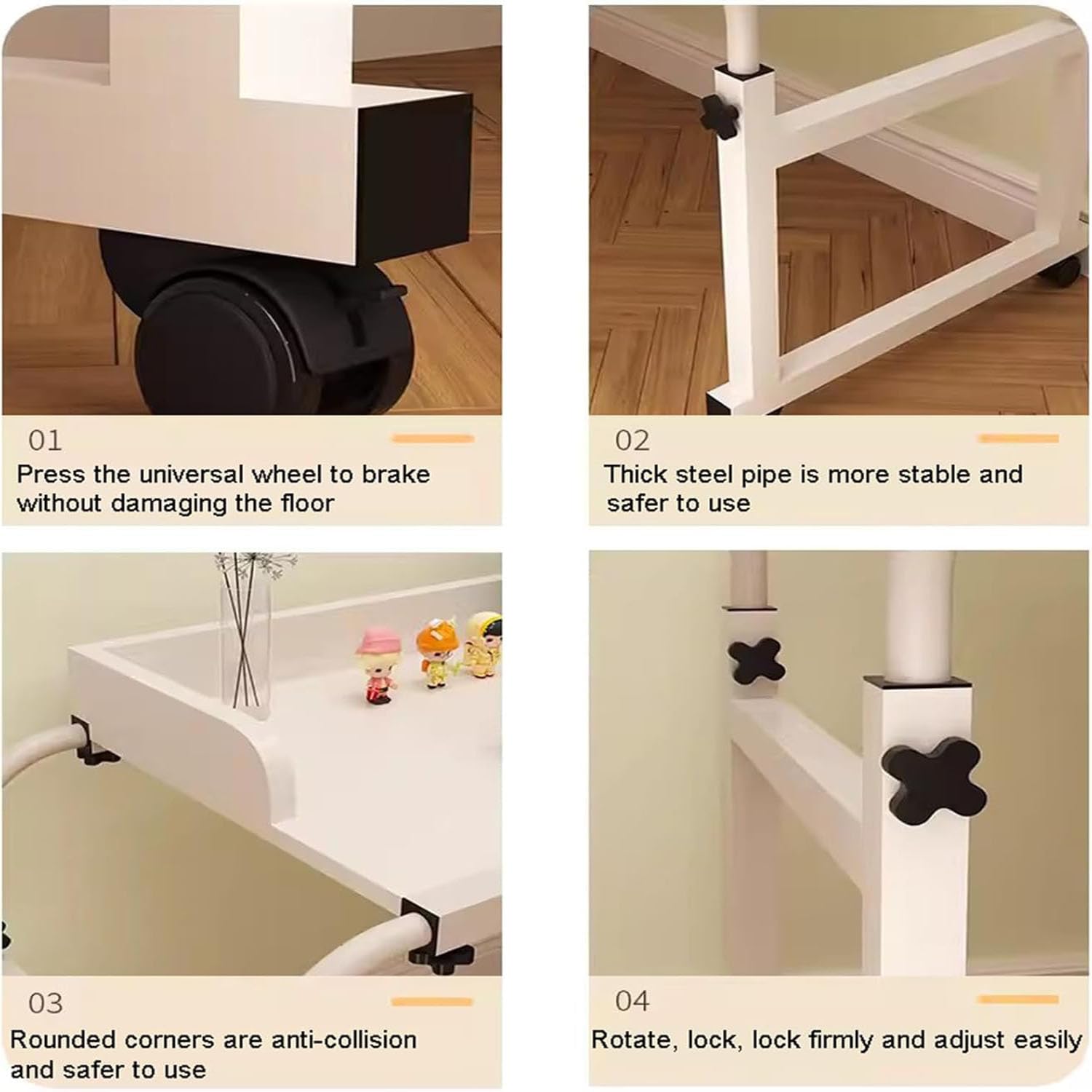Mesa Auxiliar para Cama, Mesa de Ordenador para Cama con Ruedas, Mesa Auxiliar con Ruedas y Altura Ajustable, Mesa de Noche con Ruedas Ajustables para Cama (Color: Blanco).