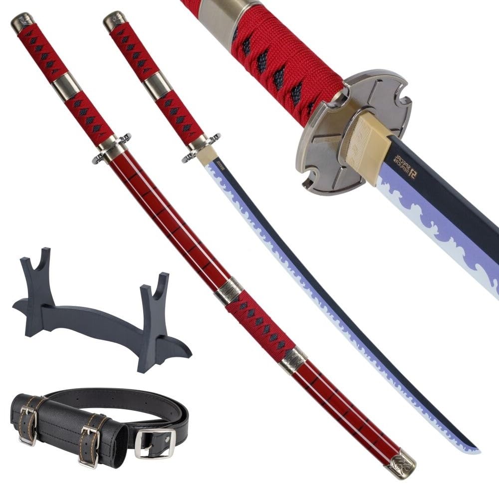 57 SPECIAL REPLICAS Zoro Katana Schwert 105 cm/41 Zoll - Samurai Schwert Holz mit Gürtel, Ständer & Scheide - Holzschwert aus Bambushol für Anime Cosplay - Oonee Piieeccee Schwerter (Nicht Scharf)