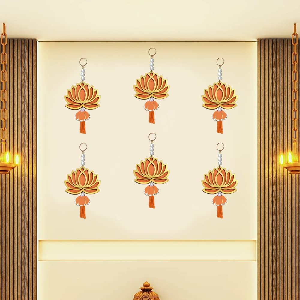 GIFT JAIPUR Lotus Orange Jhumka with Tassel Wall Decor Hanging Set of 6 - Diwali Showpiece Gift Home Temple Pooja Festival Wedding Marriage Stage Decoration