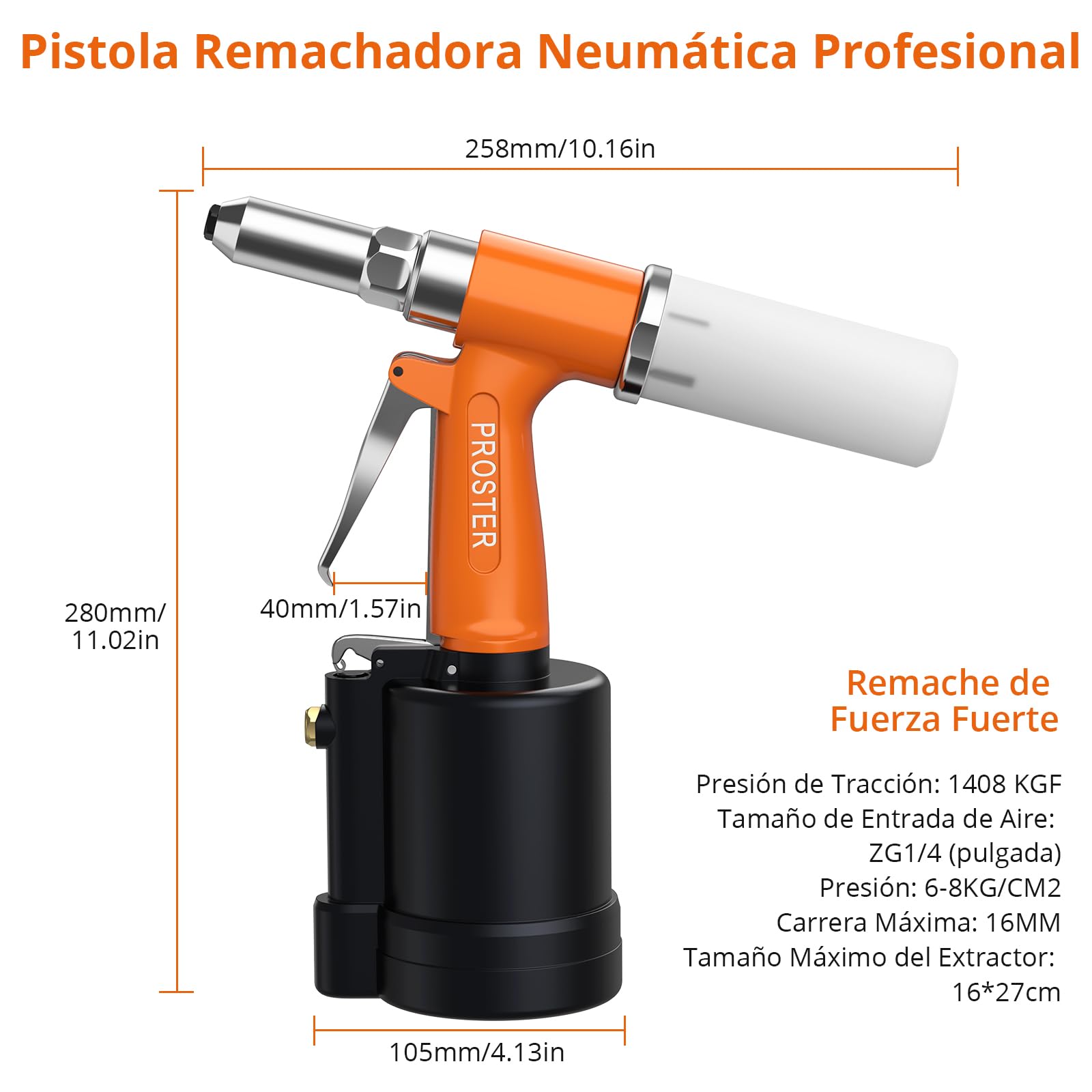 Proster Remachadora Neumatica con 500pcs Remaches Pistola Remachadora de Aire Hidraulica con 4 Boquillas 2.4mm/3.2mm/4.0mm/4.8mm para Remaches de Hierro Aluminio Acero
