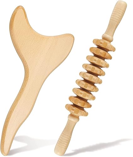 2 unidsset de herramientas de masaje de terapia de madera para drenaje linfático y alivio corporal multiusos  Herramienta Gua Sha y rodillo