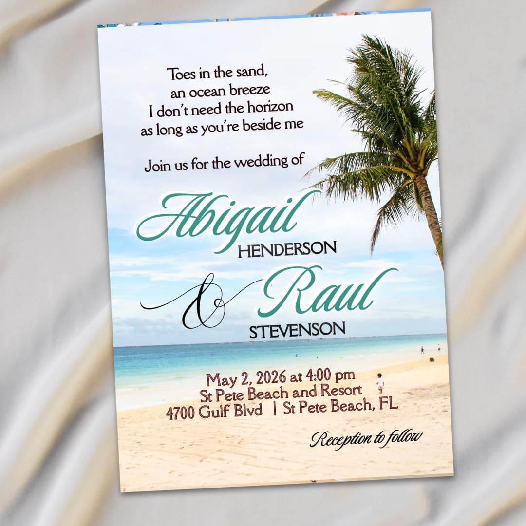 Palm Tree Wedding or Anniversary Personalized Invitations With Envelopes Set of 15 Glossy Invitation Custom Cards