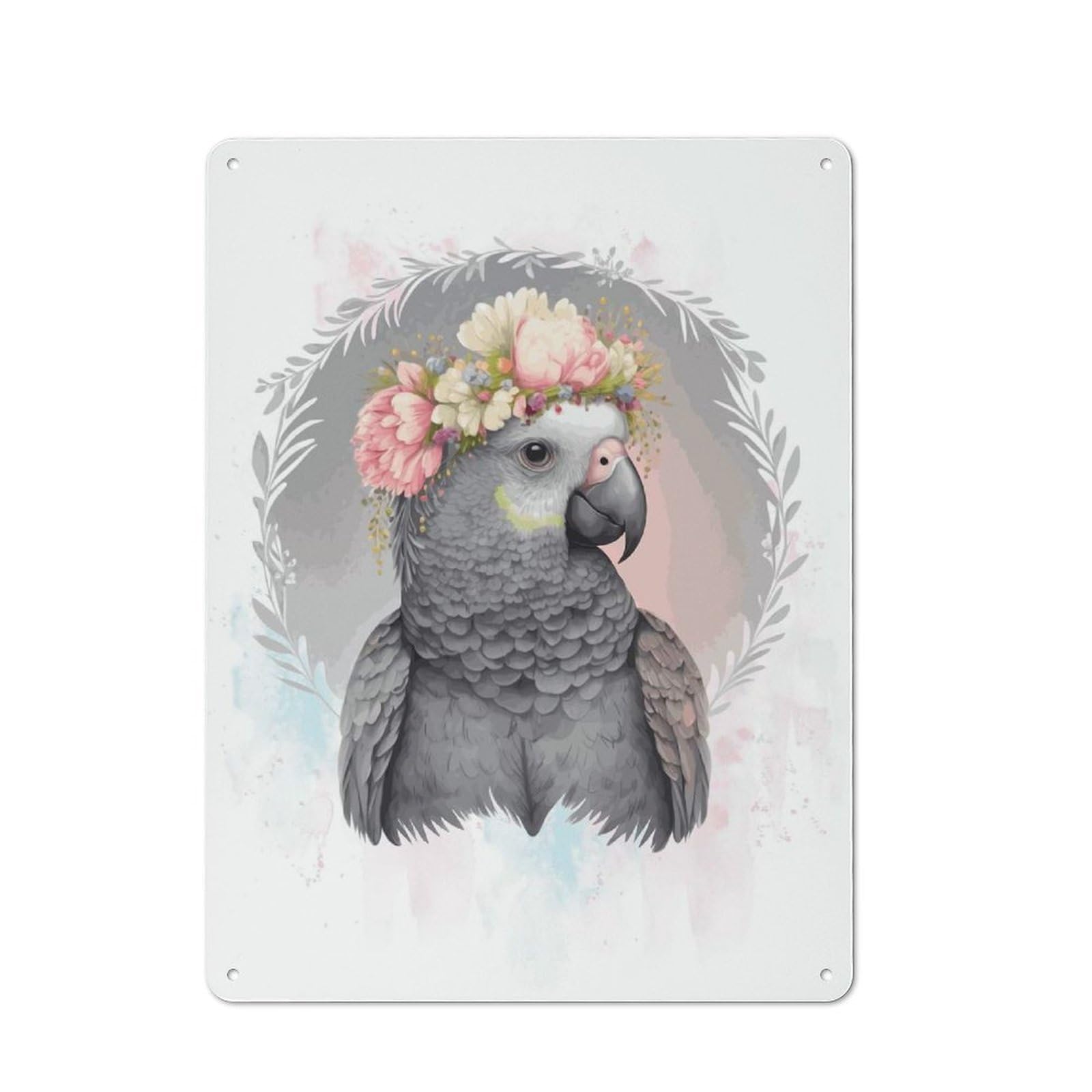 Junmoney Style-12 Metal Wall Sign 40X30cm Featuring Floral African Grey Parrot For Café Or Restaurant, A Decorative Metal Sign For Cafés And Restaurants