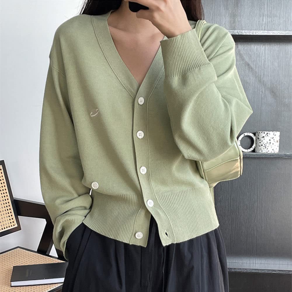 Strickjacke Damen,Damen-Strickjacken Mantel Stilvolle Salbeigrüne Planetenstickerei V-Ausschnitt Pullover Strickjacke Langarm Seitenknöpfe Open Front Strickjacke Frühling Lose Strickoberbekleidun