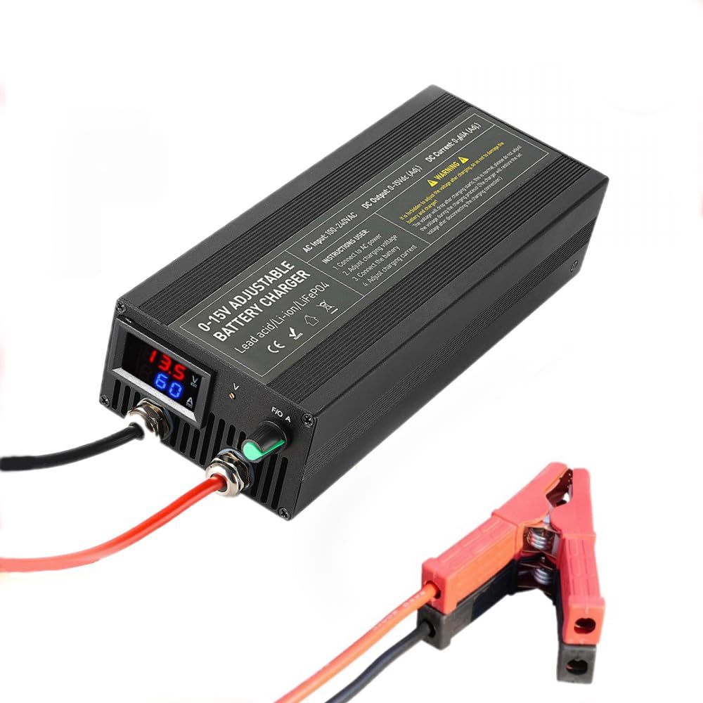 Cargador de Baterías LiFePO4 14.6V 60A, Regulación de Voltaje Preciso 0-15V Multivueltas, Cargador Rápido de Baterías de Litio 12V 60A con Carga Automática al Conectar