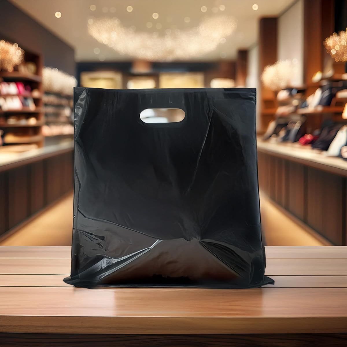 Purple Q Crafts Large Plastic Bag with Die Cut Handle Bag 18"x18" Black Plastic Merchandise Bags 50 Pack for Retail, Gifts, Trade Show and More - Image 4